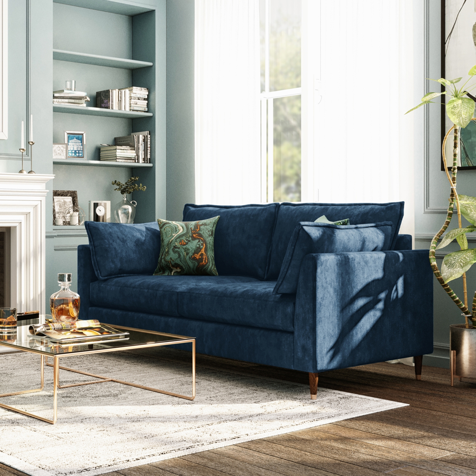 blue colour sofa in neutral room