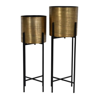 Clyde - Two Floor Standing Brass Planters on Black Stands