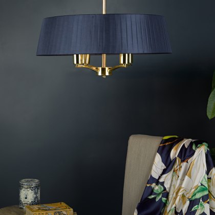 Dar - Cristin 4 Light Pendant Satin Brass With Navy Shade