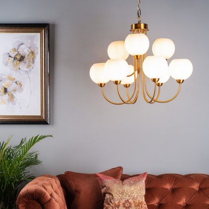 Dar - Indra Opal Glass Globe 9 Light Pendant Natural Brass