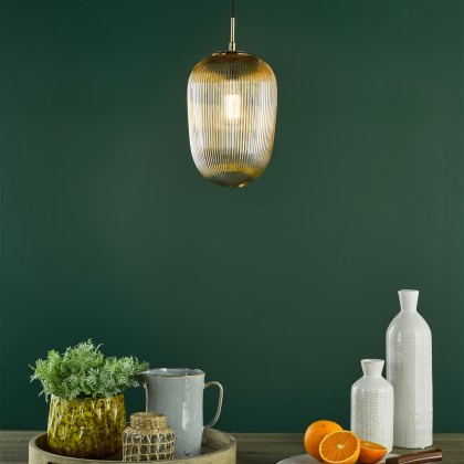 Dar - Abrielle Pendant Brushed Bronze and Amber Ribbed Glass