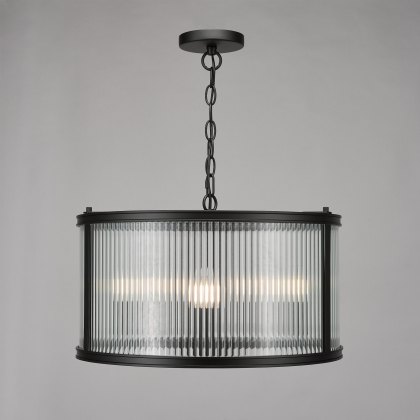 Dar - Bianka 3 Light Pendant Matt Black and Ribbed Glass