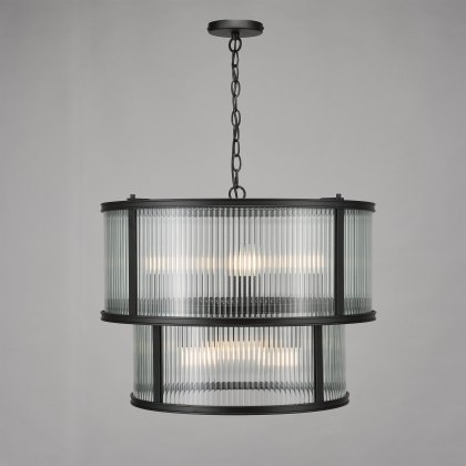 Dar - Bianka 6 Light Pendant Matt Black and Ribbed Glass