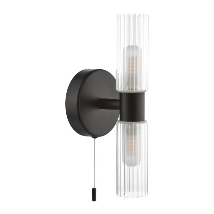 Dar - Bolton 2 Light Bathroom Wall Light Matt Black and Ribbed Glass IP44