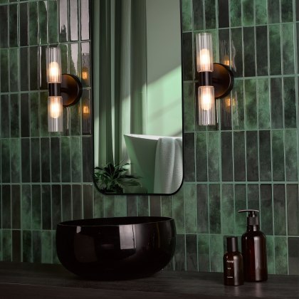 Dar - Bolton 2 Light Bathroom Wall Light Matt Black and Ribbed Glass IP44