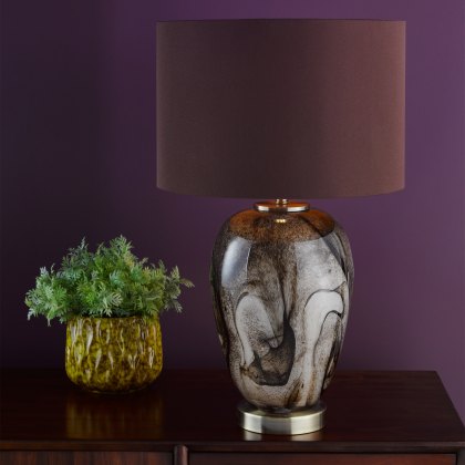 Dar - Egas Table Lamp Brown Marble Effect Glass and Antique Brass With Shade