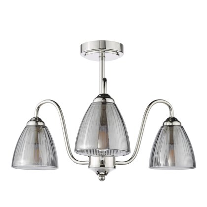 Dar - Glynis 3 Light Semi-Flush Polished Nickel and Smoked Ribbed Glass