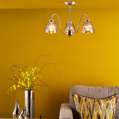 Dar - Glynis 3 Light Semi-Flush Polished Nickel and Smoked Ribbed Glass