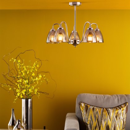 Dar - Glynis 5 Light Semi-Flush Polished Nickel and Smoked Ribbed Glass