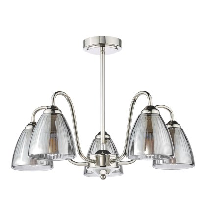 Dar - Glynis 5 Light Semi-Flush Polished Nickel and Smoked Ribbed Glass