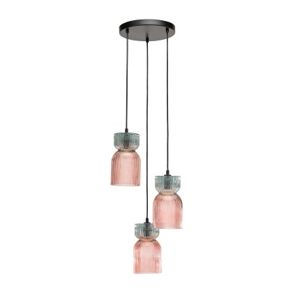 Dar - Rhubarb 3 Light Cluster Pendant Pink and Green Ribbed Glass