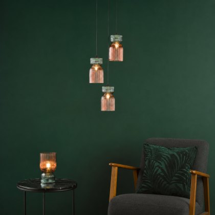 Dar - Rhubarb 3 Light Cluster Pendant Pink and Green Ribbed Glass