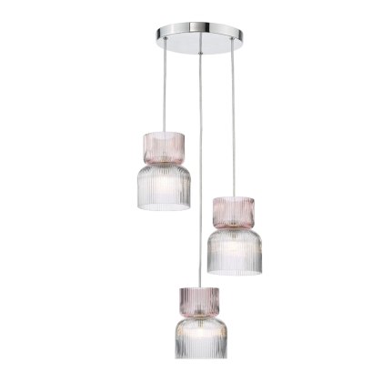 Dar - Auberta 3 Light Cluster Pendant Polished Chrome and Pink Ribbed Glass