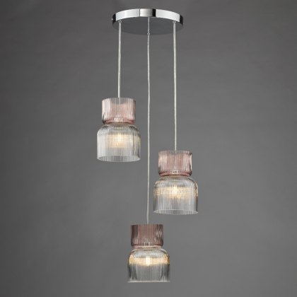 Dar - Auberta 3 Light Cluster Pendant Polished Chrome and Pink Ribbed Glass