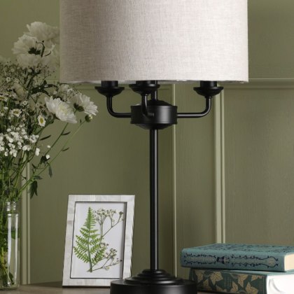 Laura Ashley - Sorrento 3 Light Table Lamp Matt Black and Natural With Shade