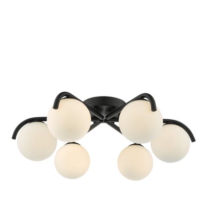Dar - Orlena 6 Light Flush Matt Black and Opal Glass