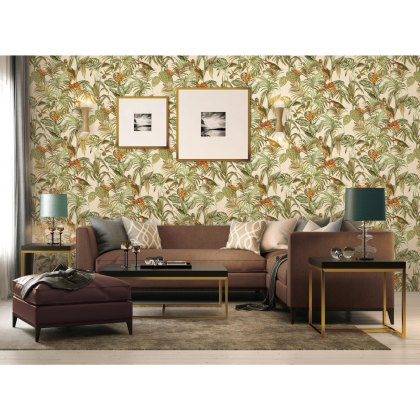Esselle - Bird of Paradise Green, Orange and Gold Wallpaper