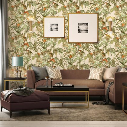 Esselle - Bird of Paradise Green, Orange and Gold Wallpaper