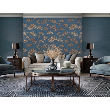 Esselle - Geometric Silk Deep Blue and Gold Wallpaper