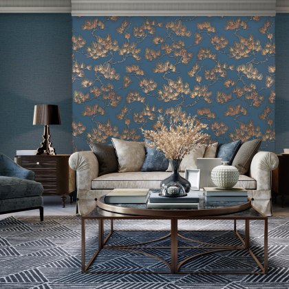 Esselle - Geometric Silk Deep Blue and Gold Wallpaper