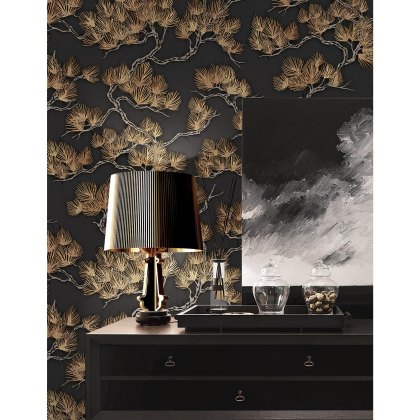 Esselle - Pine Tree Black and Gold Wallpaper