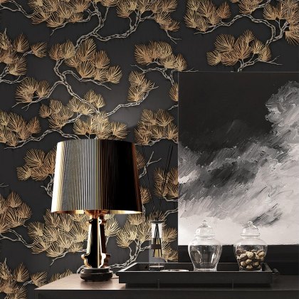 Esselle - Pine Tree Black and Gold Wallpaper