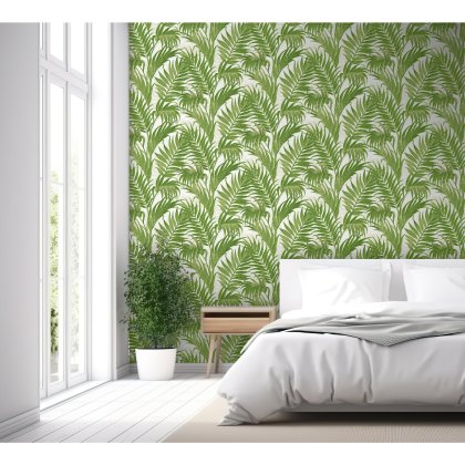 Esselle - Tropical Palm Leaf Green and White Wallpaper