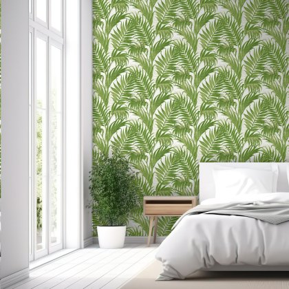 Esselle - Tropical Palm Leaf Green and White Wallpaper