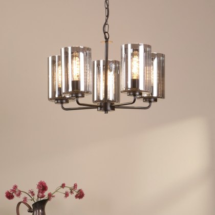 Dar - Daylin Five Light Pendant (Satin Black and Smoked Ribbed Glass)