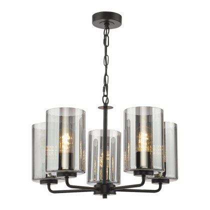 Dar - Daylin Five Light Pendant (Satin Black and Smoked Ribbed Glass)