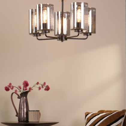 Dar - Daylin Five Light Pendant (Satin Black and Smoked Ribbed Glass)