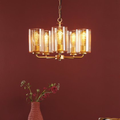 Dar - Daylin Five Light Pendant (Satin Gold and Amber Ribbed Glass)