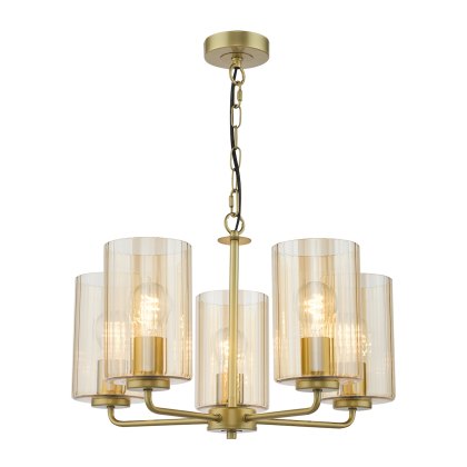 Dar - Daylin Five Light Pendant (Satin Gold and Amber Ribbed Glass)