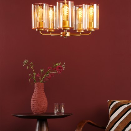 Dar - Daylin Five Light Pendant (Satin Gold and Amber Ribbed Glass)