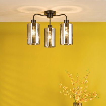Dar - Daylin Three Light Semi-Flush (Satin Black and Smoked Ribbed Glass)