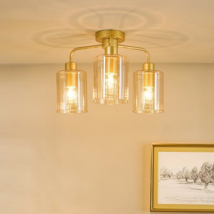Dar - Daylin Three Light Semi-Flush (Satin Gold and Amber Ribbed Glass)