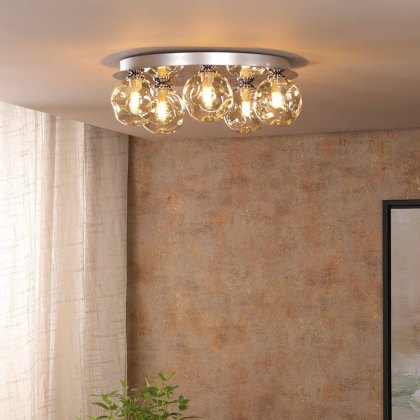 Dar Foley - 5 Light Ceiling Light (Polished Chrome With Closed Organic Amber Glass)