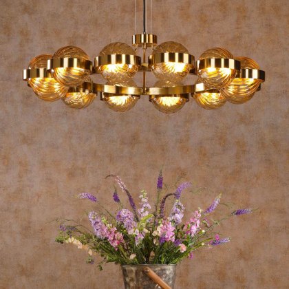 Dar - Ophira 12 Light Pendant (Antique Gold and Amber Ribbed Glass)