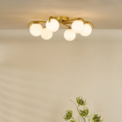 Dar - Orlena 6 Light Flush Satin Gold and Opal Glass
