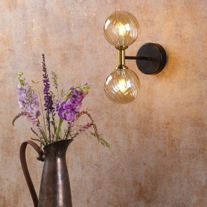 Dar - Takara 2 Light Wall Light (Black and Bronze With Twisted Amber Glass)