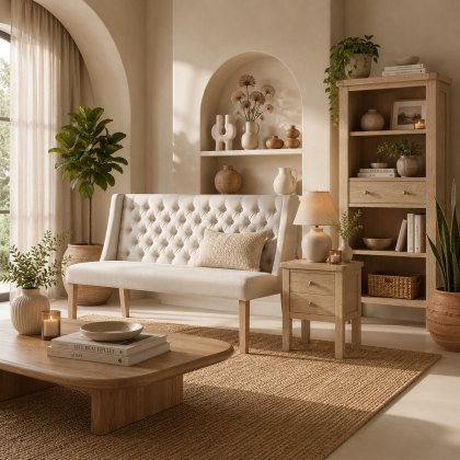 Providence (White Wash) - Beige Button Back Sofa