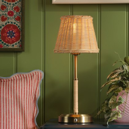 Joules - Elcot Rechargeable Table Lamp Antique Brass With Rattan Shade LED