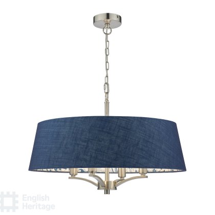 English Heritage - Down House 4 Light Shadelier Satin Chrome and Blue With Shade