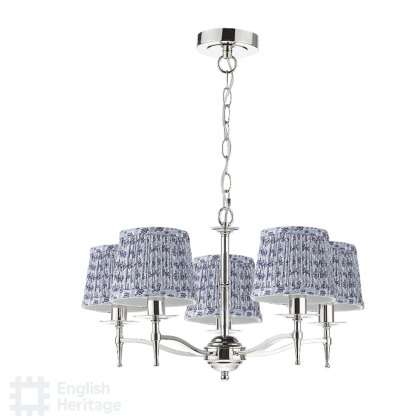 English Heritage - Marble Hill 5 Light Armed Pendant Polished Nickel With Shade