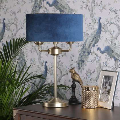 Laura Ashley - Sorrento 3 Light Table Lamp Antique Brass & Blue Shade