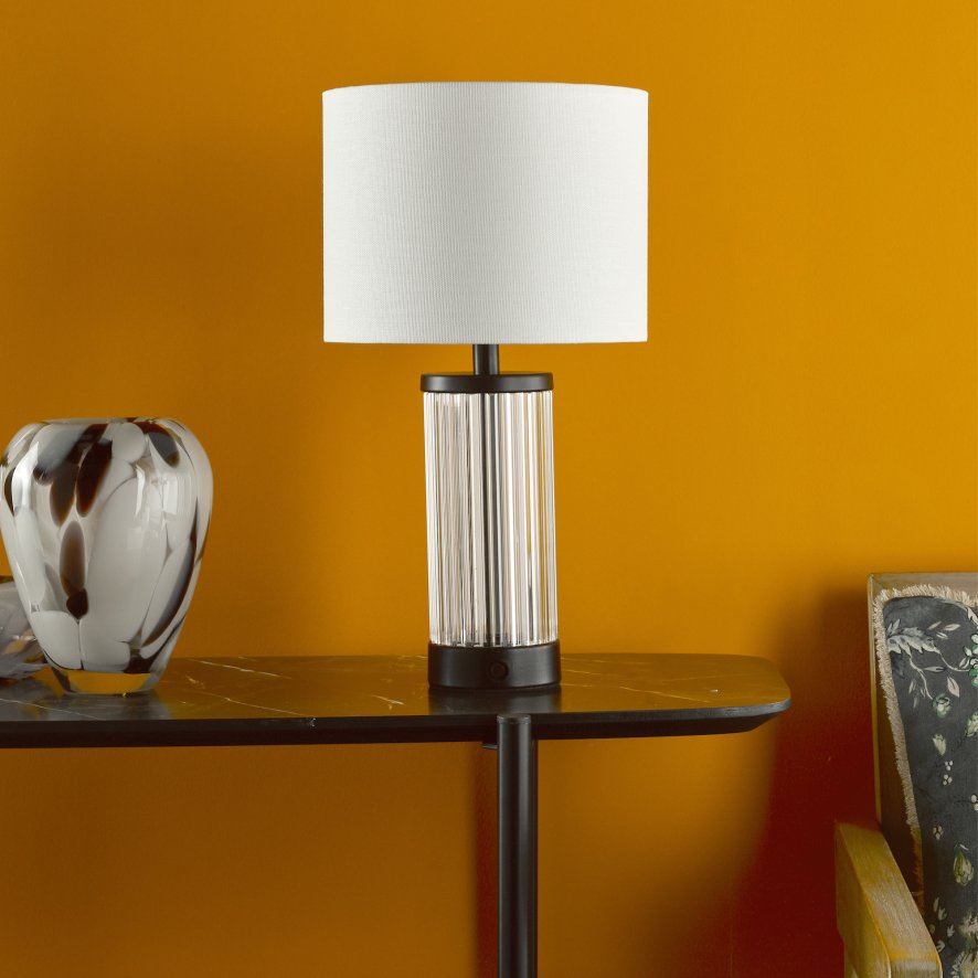 Dar Lighting Dar - Enrico Rechargeable Table Lamp Satin Black and Glass With Shade LED