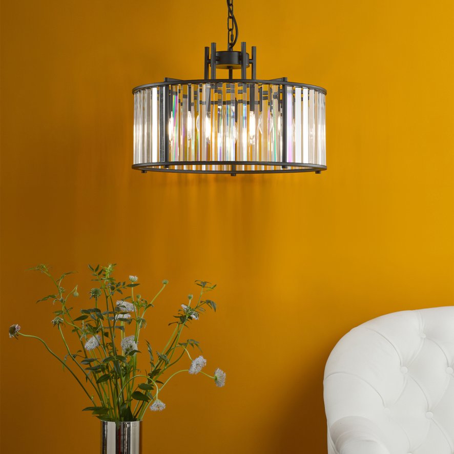 Dar Lighting Dar - Kiran 5 Light Pendant Satin Black and Glass