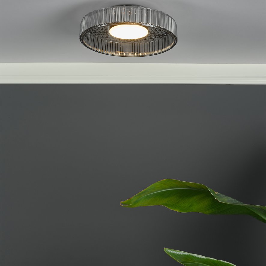 Dar Lighting Dar - Leena Flush Satin Black and Smoked Ribbed Glass LED