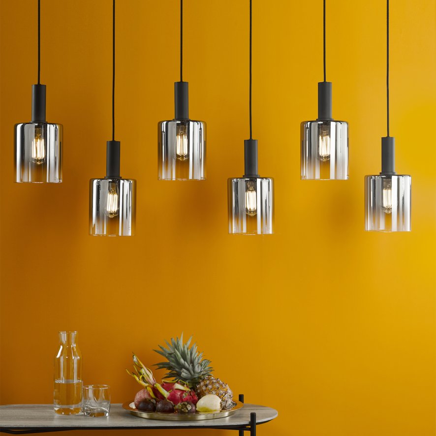 Dar Lighting Dar - Savannah 6 Light Bar Pendant Matt Black and Smoked Glass