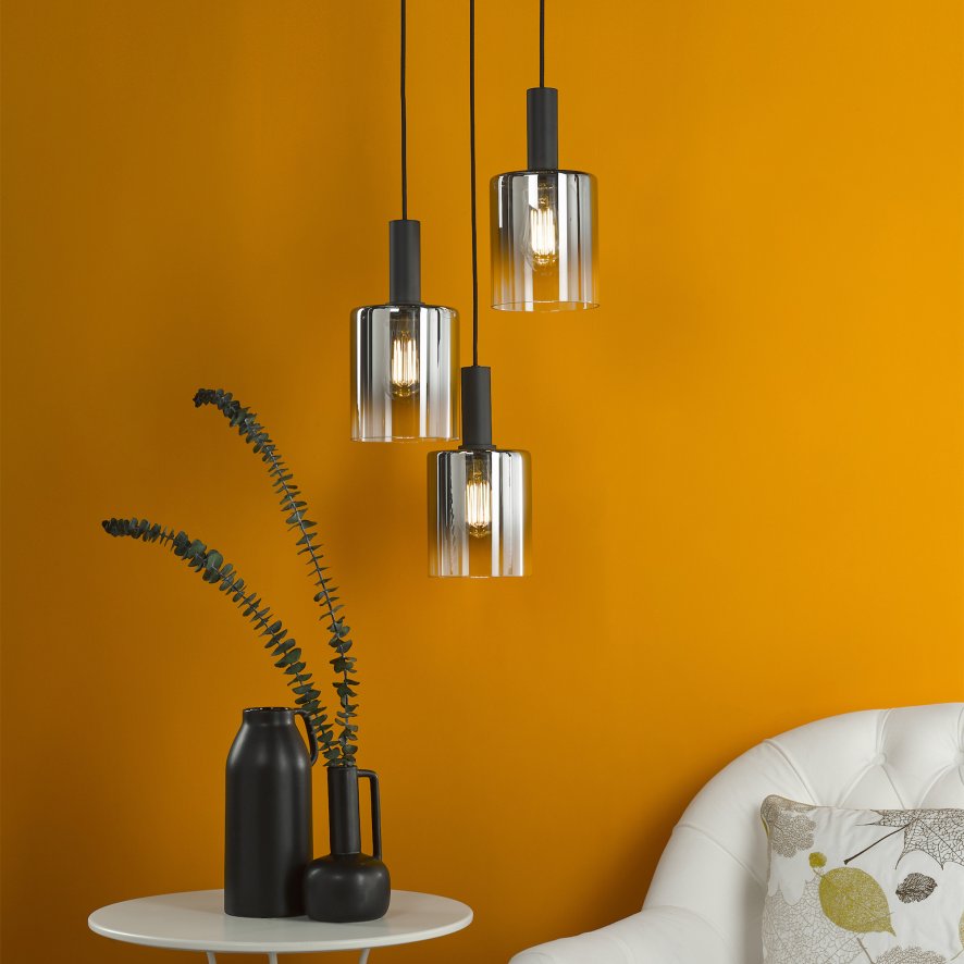 Dar Lighting Dar - Savannah 3 Light Cluster Pendant Matt Black and Smoked Glass